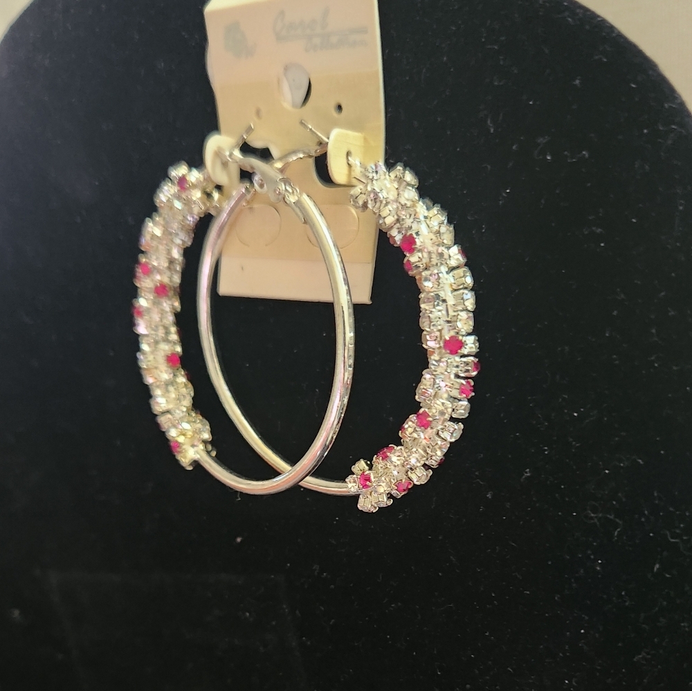 Elegant Silver and Red Crystal Hoop Earrings